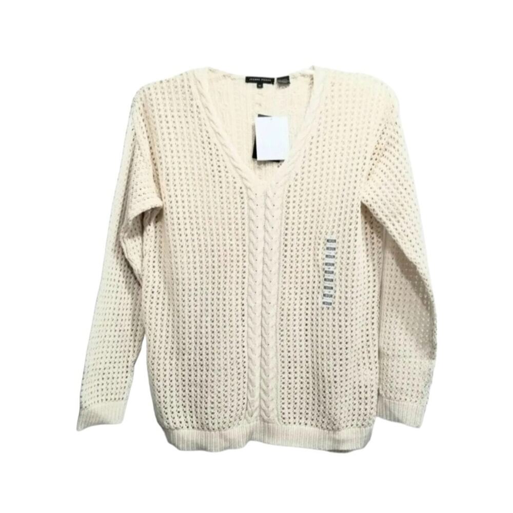 NWT Jeanne Pierre Open Cable Knit V-Neck Sweater Size Medium Crystal Sand.
